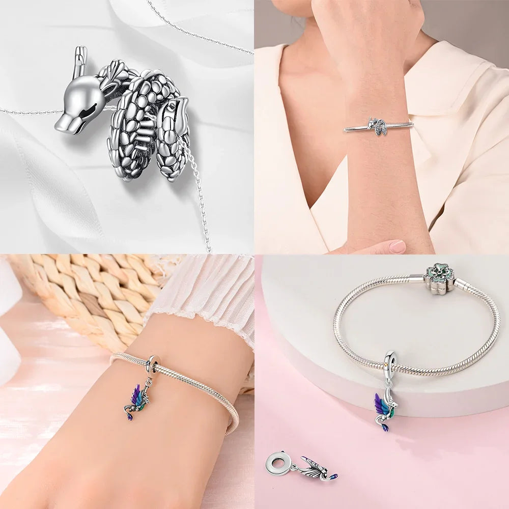 Charms der Drachen-Serie, 925er Silber, Flugsaurier, Tyrannosaurus, Chamäleon-Charm-Anhänger, passend für Original-Armbänder, DIY-Schmuckherstellung