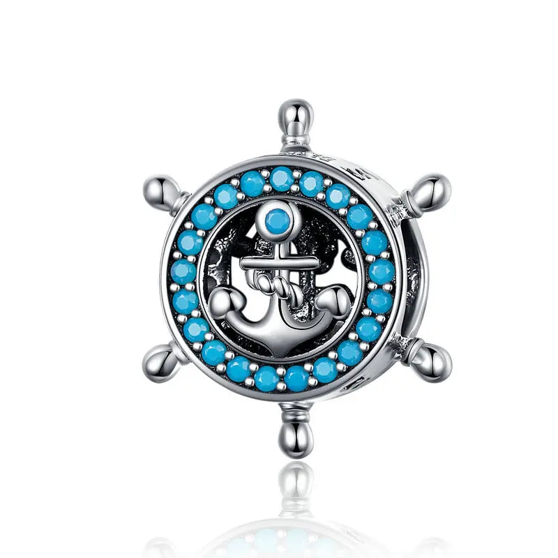 Bamoer Kompass-Anhänger aus 925er-Sterlingsilber, Emaille, blau, voll eingekreist, Zirkon-Perlen für Frauen, DIY-Halsketten-Zubehör, Kristall-Geschenk