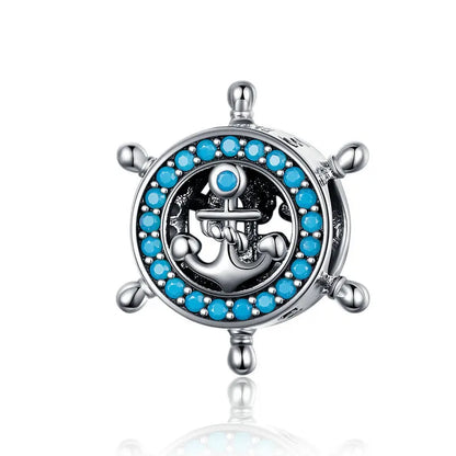 Bamoer Kompass-Anhänger aus 925er-Sterlingsilber, Emaille, blau, voll eingekreist, Zirkon-Perlen für Frauen, DIY-Halsketten-Zubehör, Kristall-Geschenk