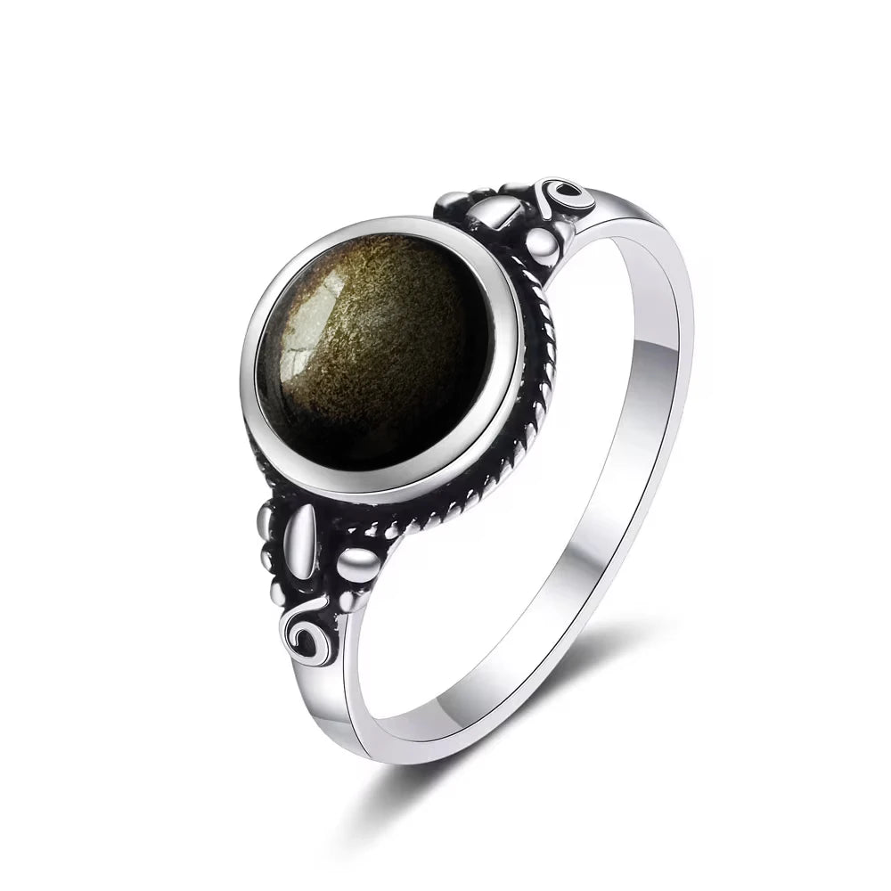 Vintage S925 Sterling Silber Ring Oval Runde Natürliche Obsidian Ring Sonne Und Blume Geformt Retro Edlen Schmuck Für Frauen Männer