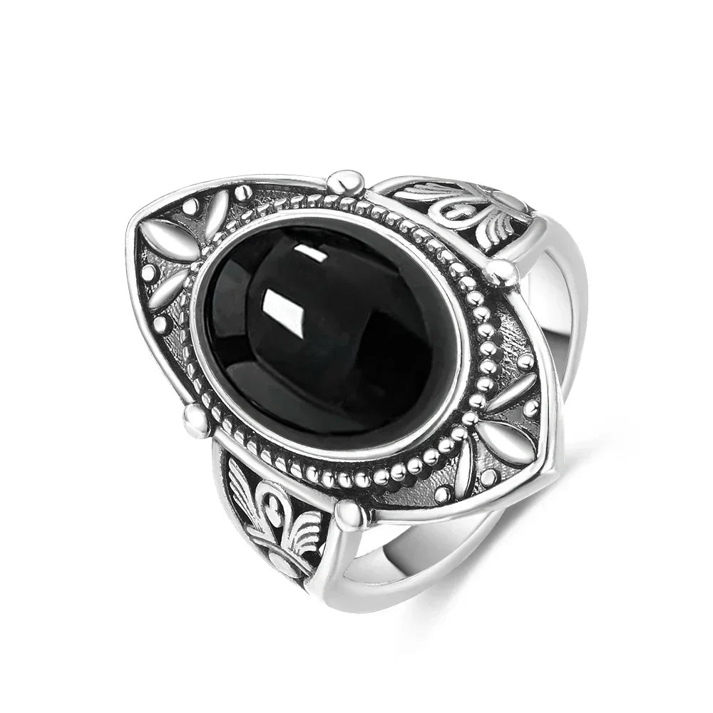 Vintage-Ring aus 925er Silber, natürlicher schwarzer Onyx-Ring, kreisförmiger Denier-Typ, Pferdeauge-Design, Geschenk, edler Schmuck, schwarzer Ring für Männer und Frauen