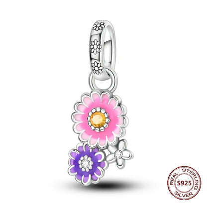 Gelber Sonnenblumen-Charm aus 925er Silber, Original-Zirkon, Kolibri, Einhorn-Charms, passend für Armbänder, DIY-Schmuck für Frauen, Hochzeitsgeschenk