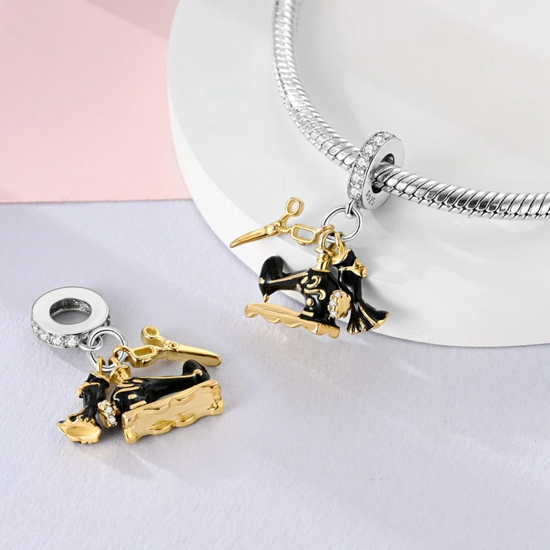 Original 925 Sterling Silber Nähmaschine Schere Charms Perle eingelegt rosa Zirkonium Anhänger passen Armband Schmuck Liebhaber Geschenk