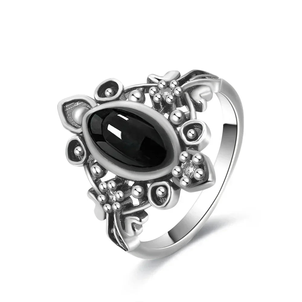Vintage-Ring aus 925er Silber, natürlicher schwarzer Onyx-Ring, kreisförmiger Denier-Typ, Pferdeauge-Design, Geschenk, edler Schmuck, schwarzer Ring für Männer und Frauen