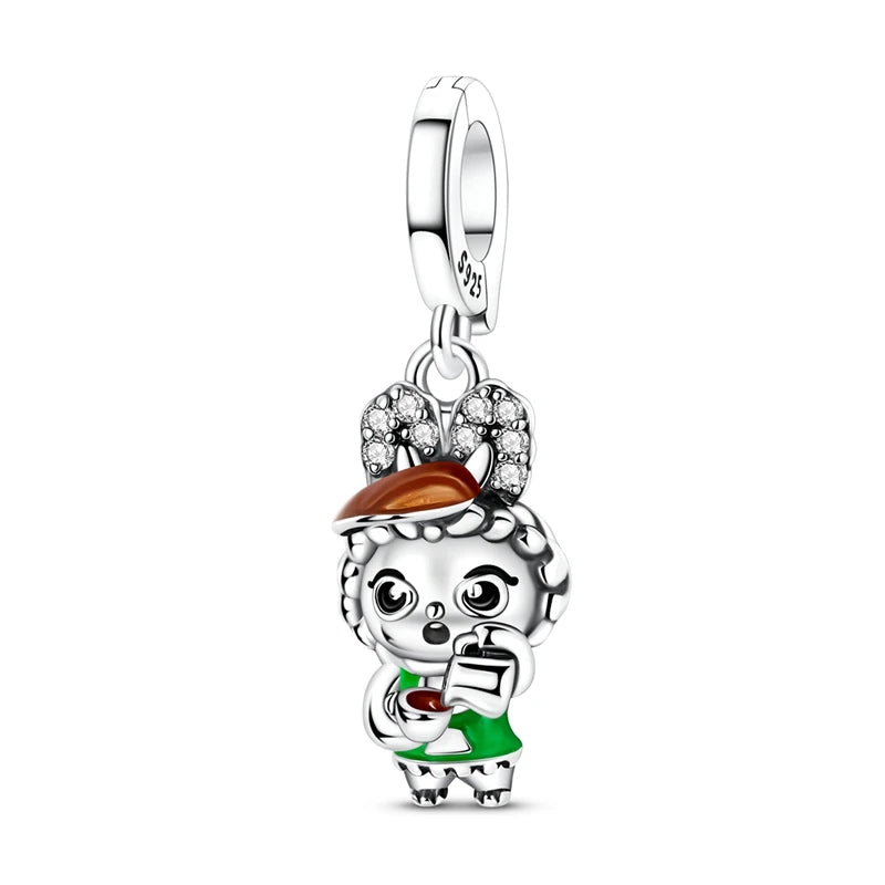 Exquisite Charm-Anhänger aus 925er-Sterlingsilber mit weißen Tigerperlen und Kaninchen-Barista-Anhänger, passend für Armbänder, niedliche Schmuck-Accessoires, Geschenke