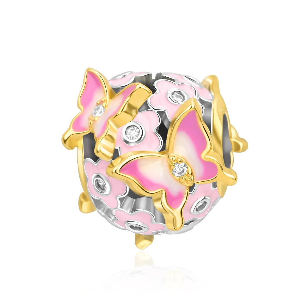 Exquisiter 925er-Sterlingsilber-Charm mit funkelndem Edelstein, Schlüssel, Blume, Schmetterling, passend für DIY-Armbänder, Halsketten, edler Schmuck, Geschenke