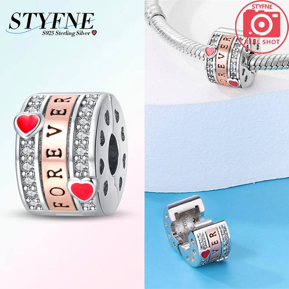 925er Silber eingelegte Zirkoniumblumen, vierblättriges Kleeblatt, Federn, Liebesbox-Clip, Charms, Abstandsperlen, passend für Armbänder, DIY-Schmuckmarkierung