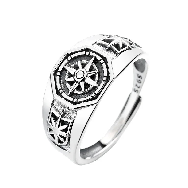 Retro Poseidon Kompass Ring versilbert Hexagramm Öffnung verstellbarer Ring Männer und Frauen Hip-Hop Trend Schmuck Geschenk