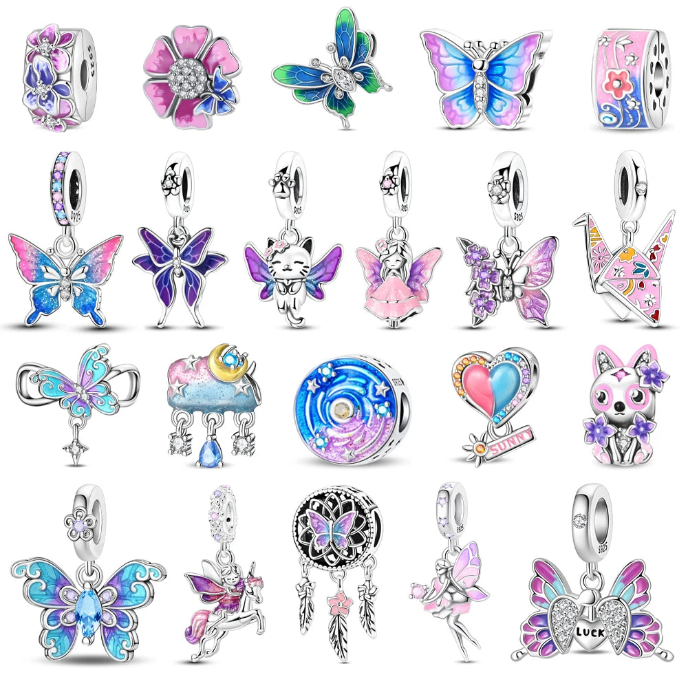 Heißer Verkauf, 925er-Sterlingsilber, Sterne und Mond, Perlen, Schmetterling und Engel, baumelnder Charm, passend für Armbänder, niedliche bunte Anhänger-Geschenke