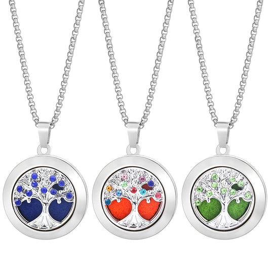 Trend ige Aroma therapie ätherische Öl Medaillon bunte Kristall Baum des Lebens Anhänger Edelstahl Parfüm Diffusor Halskette Schmuck
