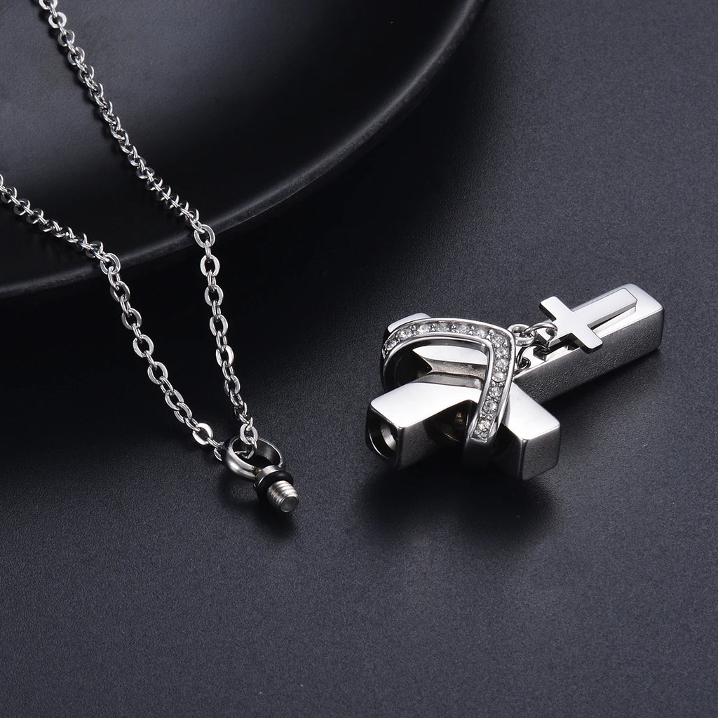 Unisex Edelstahl Feuerbestattung Doppel Kreuz Anhänger Halskette für Asche Memorial Andenken Schmuck Geschenk Dropshipping