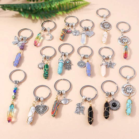 Nette Natürliche Stein Keychians Retro Silber Farbe Legierung Sonne Charms Schlüsselanhänger Frauen Männer Handtasche Anhänger Schlüssel Ketten DIY Zubehör