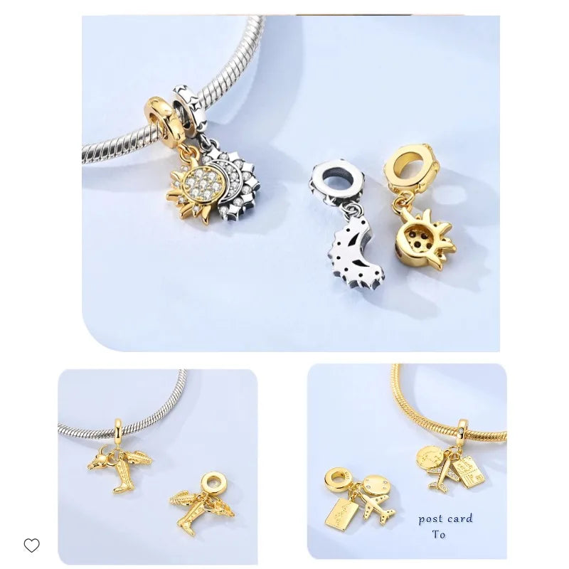 Goldfarbene Charms aus 925er Sterlingsilber, original goldene Sicherheitskette, runder Abstandshalter-Clip-Charm, DIY-Schmuck für Damen, Armband, Geschenk