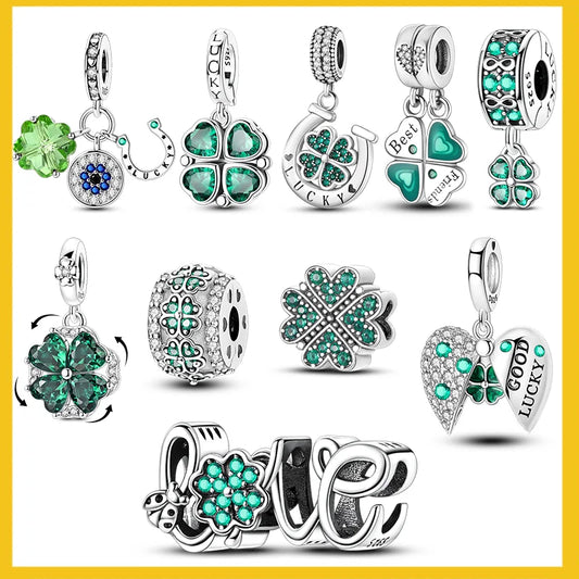 925er Sterlingsilber, grüne Charms, Perlen, vierblättriges Kleeblatt, baumelnd, für Frauen und Mädchen, Original-Armband, DIY-Schmuck, Geschenke