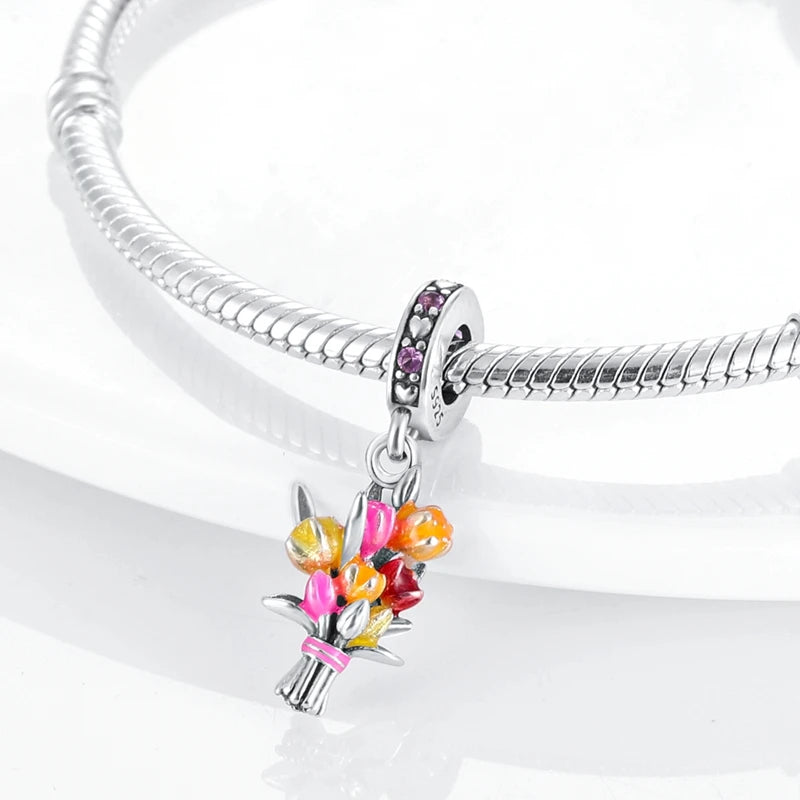 Blumen-Charms aus 925er Silber, Sonnenblumen-Tulpen-Anhänger, passend für Original-Pan-Armbänder zur Herstellung von Schmuck