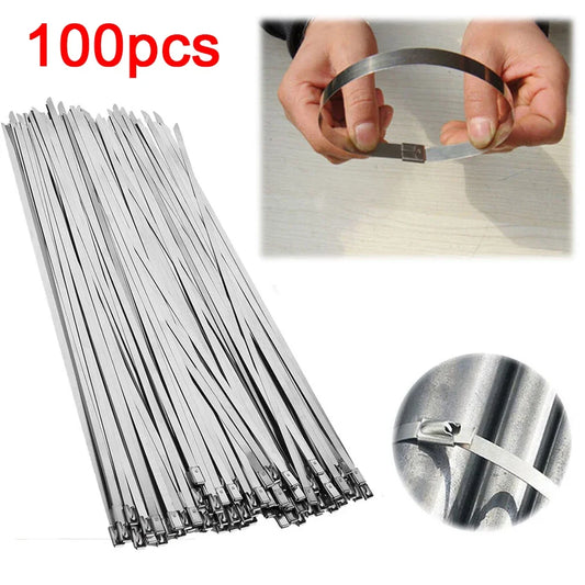 100 Stück Edelstahl-Kabelbinder, selbstverriegelnd, 4,6 mm, hitzebeständig, robuste Stahlbänder, Metall-Kabelbinder für Rohre, Dächer, Kabel