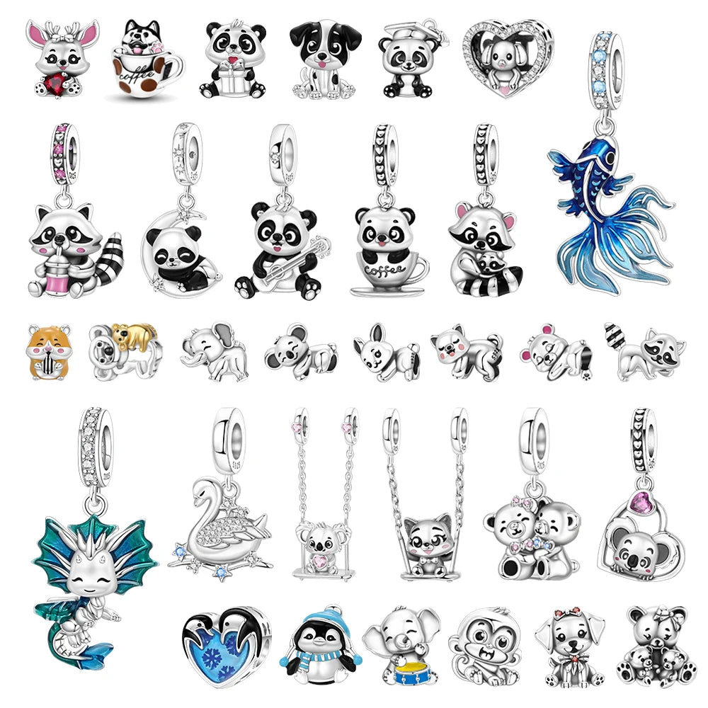 Exquisiter 925 Sterling Silber Panda Chamäleon Waschbär, Koi Welpen Tier-Anhänger Passend für DIY Armband Halskette Premium Party Geschenke