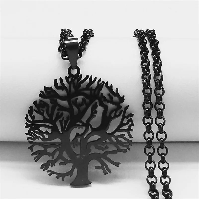 2024 Baum des Lebens Edelstahl Lange Halskette für Männer Schwarz Farbe Halsketten & Anhänger Schmuck cadenas para hombre N834S03