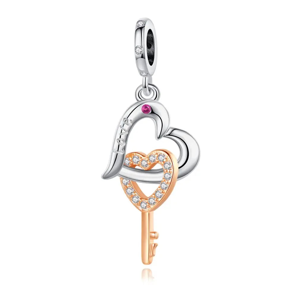 Romantischer 925 Sterling Silber Liebesschlüssel Herz-zu-Herz Charm für DIY Armband Halskette Verlobung Party Geschenke