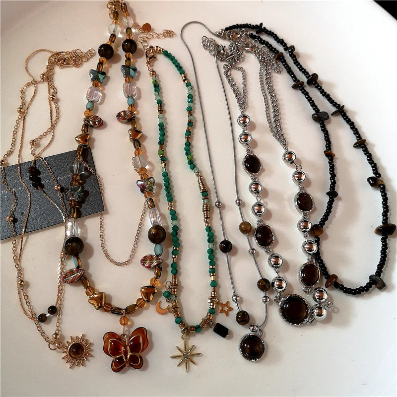 Mode Retro Perlen Schmetterling Metall Y2K Sun Star Opal Anhänger Kette Choker Halskette Für Frauen Böhmen Charme Schmuck Zubehör