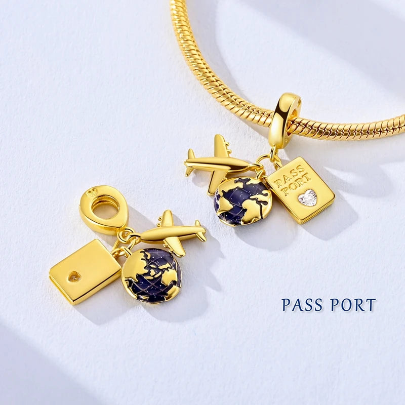 Reisepass-Charms aus 925er-Sterlingsilber, passend für Original-Armbänder, DIY-Flugzeug-Erde-Perlen für die Schmuckherstellung als Geschenk