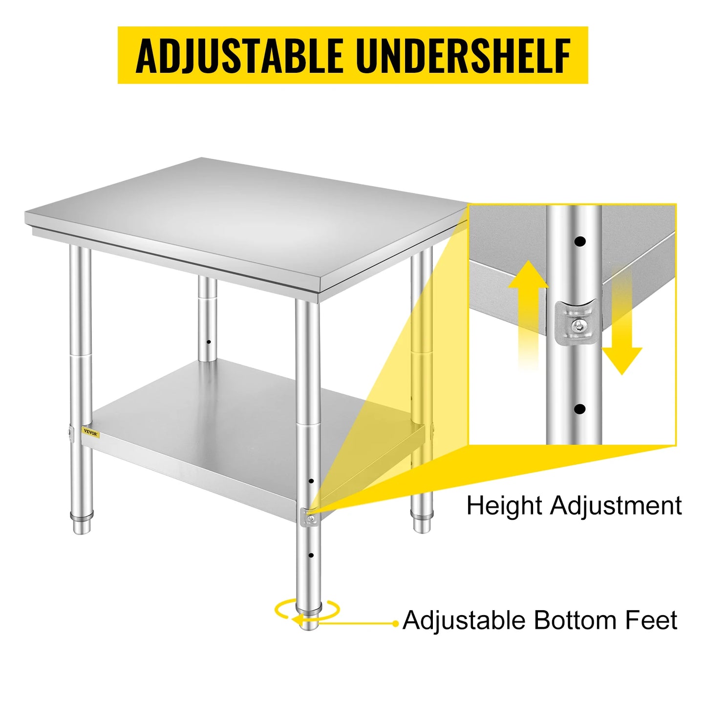 VEVOR Edelstahl Arbeitstisch 60 cm x 60 cm Essenszubereitung mit Aufkantung für die Zubereitung von Mahlzeiten, Nähen, Waschen, Basteln, Garagennutzung usw.