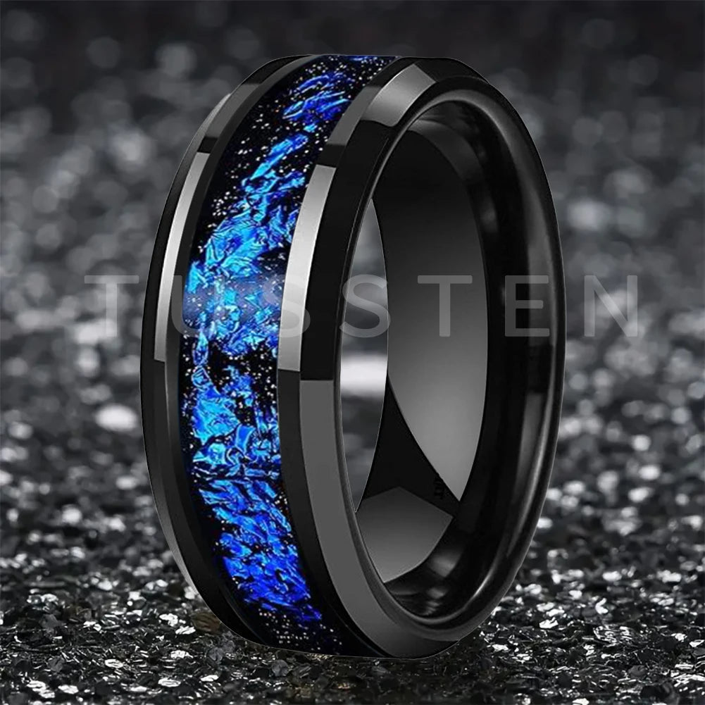 Wolfram 6/8mm Wolfram Ring für Männer Frauen blaue Folie Inlay Verlobung Ehering abgeschrägt poliert glänzend bequeme Passform