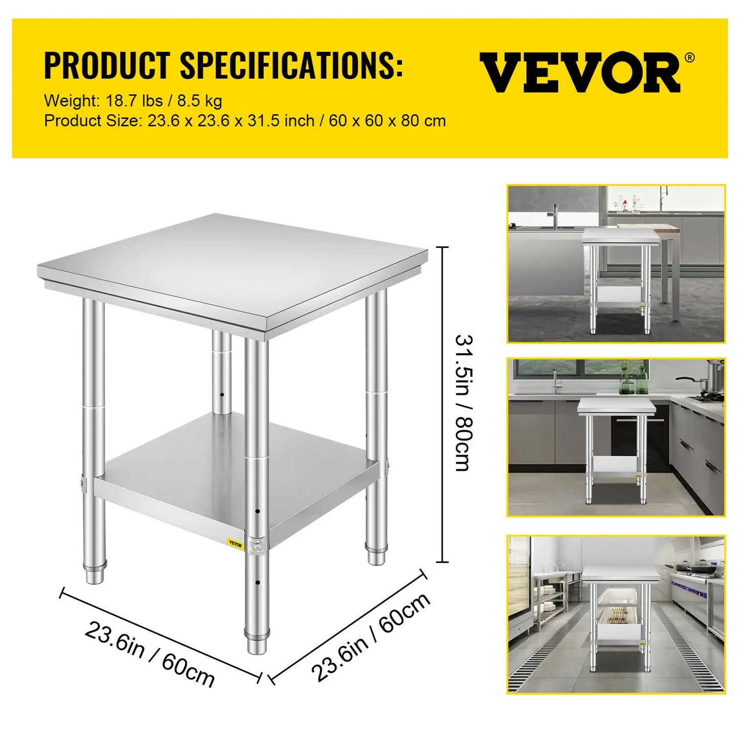 VEVOR Edelstahl Arbeitstisch 60 cm x 60 cm Essenszubereitung mit Aufkantung für die Zubereitung von Mahlzeiten, Nähen, Waschen, Basteln, Garagennutzung usw.