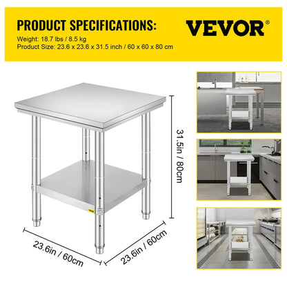 VEVOR Edelstahl Arbeitstisch 60 cm x 60 cm Essenszubereitung mit Aufkantung für die Zubereitung von Mahlzeiten, Nähen, Waschen, Basteln, Garagennutzung usw.