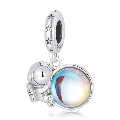 WOSTU 925 Sterling Silber Mondstein Charms Herz Perlen Astronaut Mond Anhänger Fit Original Armband DIY Halskette Schmuck Machen