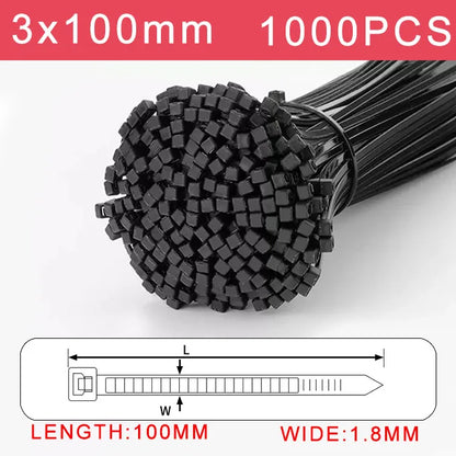 250/500/1000 Stück schwarze selbstsichernde Kunststoff-Nylon-Kabelbinder 3 x 100 3 x 150 4 x 200 Befestigungsring Nylon-Klemmband mit Schloss