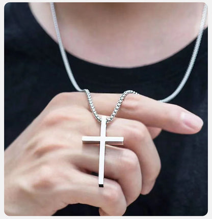 Vnox Cross Necklace for Men and Women, Silver Tone Simple Cross Pendant Collar with Stainless Steel Box Chain