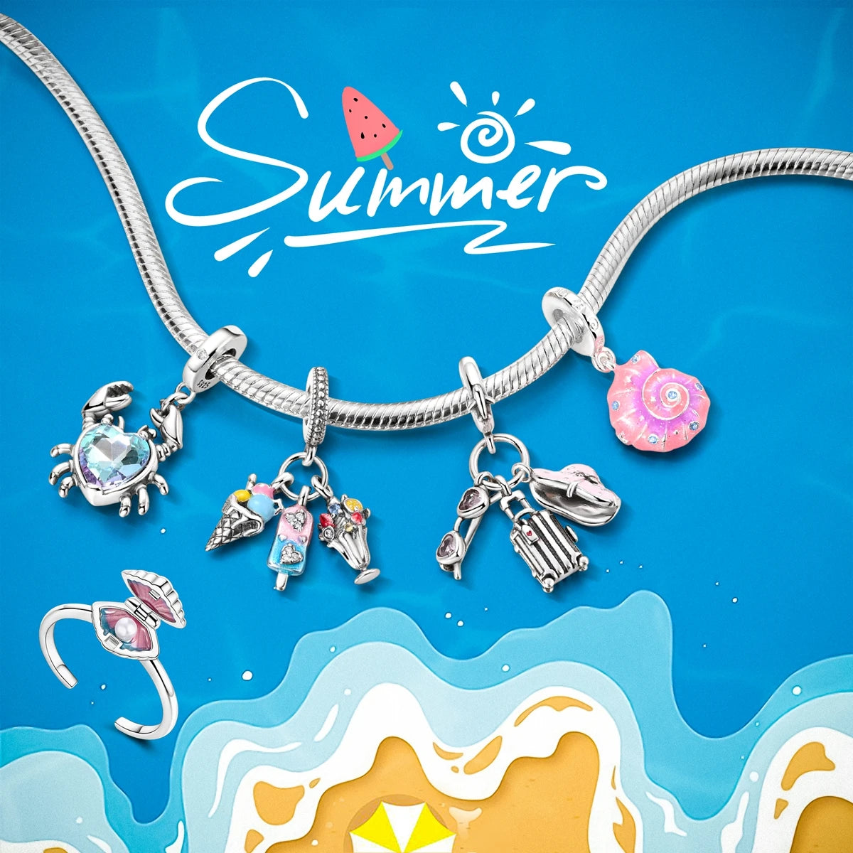 Neue Sommer 925 Sterling Silber Charms Perlen Anhänger Ozean Schildkröte Strand Obst Shell Blau Charme DIY Frauen Armband Schmuck Geschenk