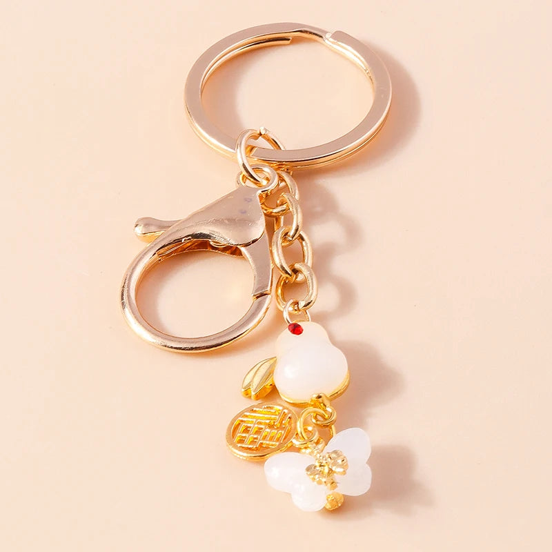 Elegante Edelstein Jade Bambus Schlüssel bund Charms Emaille Glück Katze Schlüssel ringe für Frauen Männer Handtasche Anhänger DIY Schmuck Zubehör