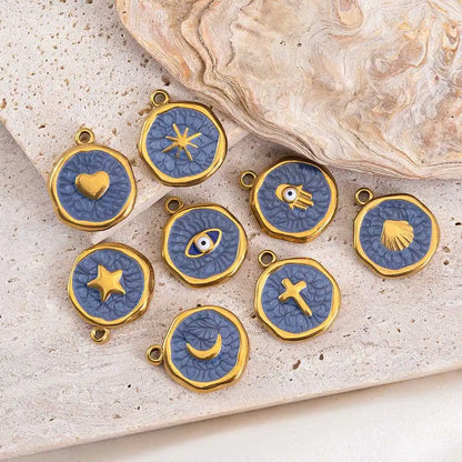 8 Stück Edelstahl Lila Rosa Emaille Herz Auge Sonne Mond Runde Anhänger für DIY Armband Ohrring Halskette Schmuckzubehör
