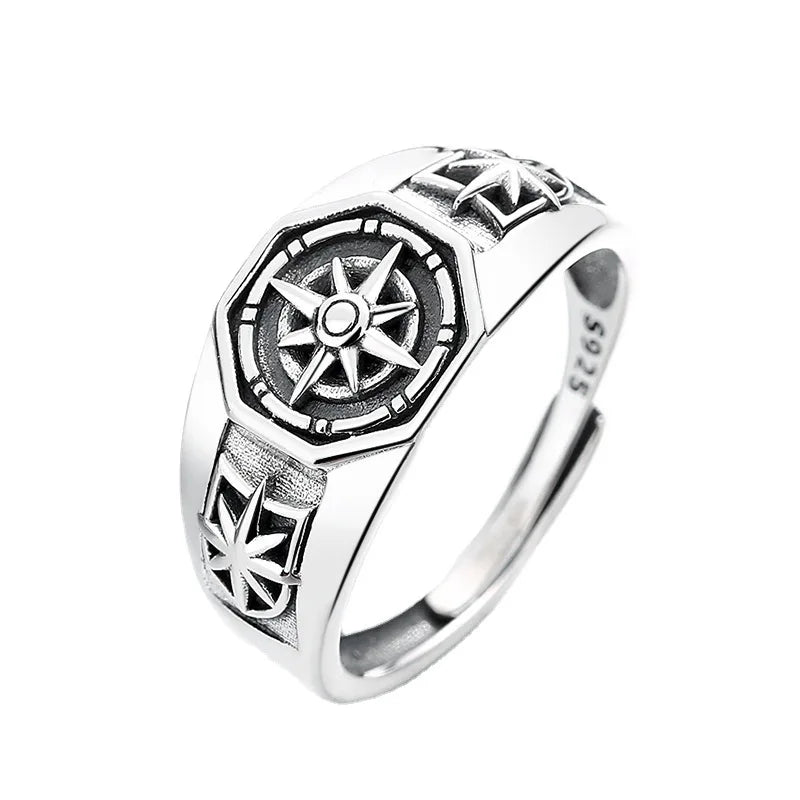 Retro Poseidon Kompass Ring versilbert Hexagramm Öffnung verstellbarer Ring Männer und Frauen Hip-Hop Trend Schmuck Geschenk