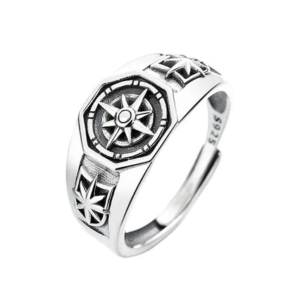 Retro Poseidon Kompass Ring versilbert Hexagramm Öffnung verstellbarer Ring Männer und Frauen Hip-Hop Trend Schmuck Geschenk
