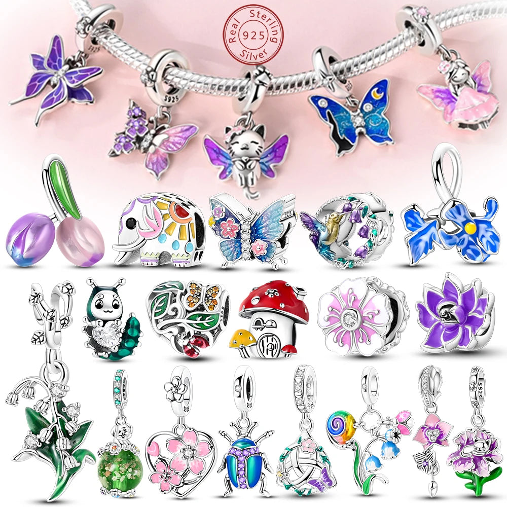 Frühling Charms Perlen Anhänger 925 Sterling Silber Blume Schmetterling Libelle Pilz Charms Fit Armband Frau Mann DIY Schmuck