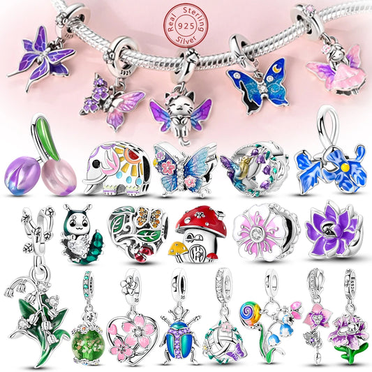 Frühling Charms Perlen Anhänger 925 Sterling Silber Blume Schmetterling Libelle Pilz Charms Fit Armband Frau Mann DIY Schmuck