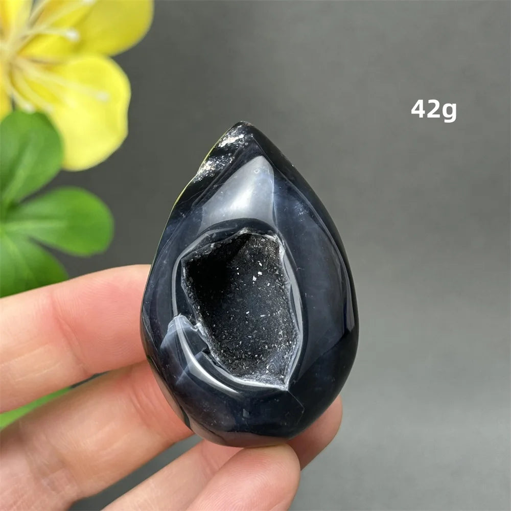 Natürlicher schwarzer Achat, Kristallloch, eiförmiger Kristall, Heilung, spirituelle Meditation, Mineralquarz, Aura, Energie, Heimdekoration