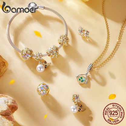 Bamoer 925 Sterling Silber Herbst Gold Blätter Charms Glück Vierblättriges Kleeblatt Spinning Anhänger für Frauen Armband DIY Schmuck Geschenk