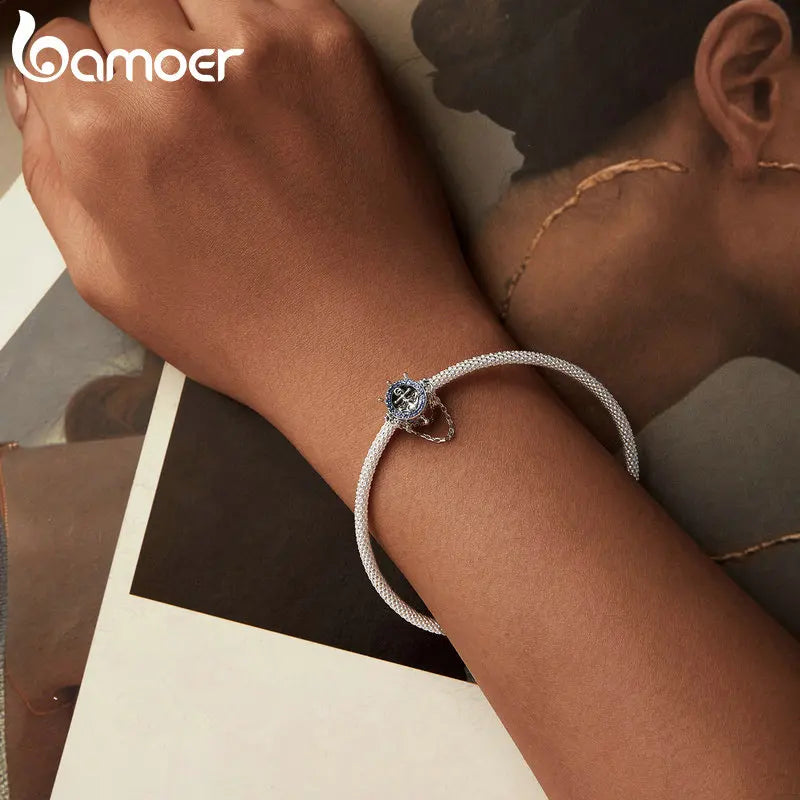 Bamoer Kompass-Anhänger aus 925er-Sterlingsilber, Emaille, blau, voll eingekreist, Zirkon-Perlen für Frauen, DIY-Halsketten-Zubehör, Kristall-Geschenk