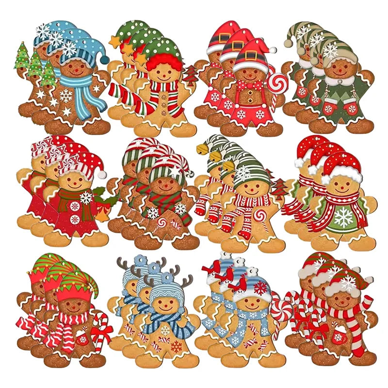 12/24 Stück Lebkuchenmann Holzornamente Weihnachtsbaum hängende Anhänger 2025, Weihnachtsfeier, Heimdekoration, Kinder, DIY-Geschenkanhänger