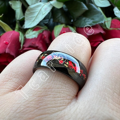Dropshipping 6mm 8mm 18k Gold Farbe Kuppel Ehering Schöner Wolframkarbid Ring mit roter und Goldfolieninlage Comfort Fit