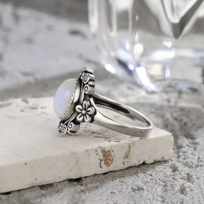 925 Silber Blume 8 * 10 mm Mondstein Ring Vintage Stil Damen Party Schmuck Geschenk für Frauen