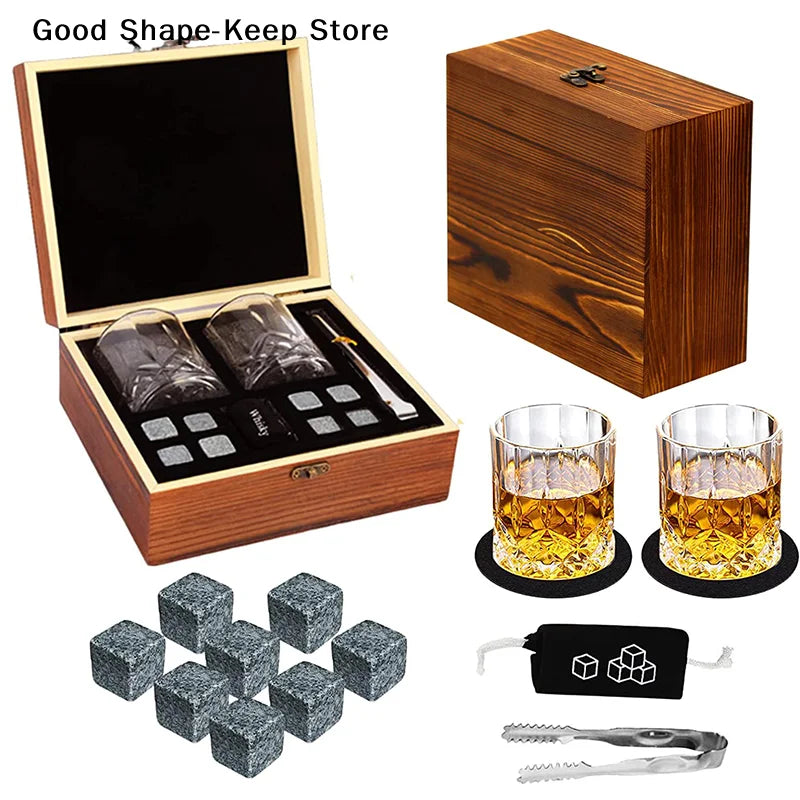 Set mit 8 Granit-Eiswürfeln + 2 Gläsern für Whisky in Holzbox, Geschenk für Papa, Vatertagsgeschenk für Männer, Whisky-Steine