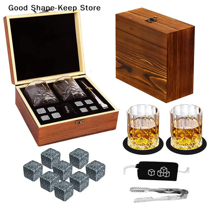 Set mit 8 Granit-Eiswürfeln + 2 Gläsern für Whisky in Holzbox, Geschenk für Papa, Vatertagsgeschenk für Männer, Whisky-Steine