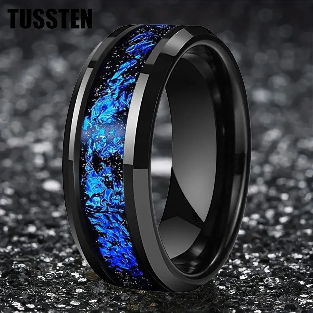 Wolfram 6/8mm Wolfram Ring für Männer Frauen blaue Folie Inlay Verlobung Ehering abgeschrägt poliert glänzend bequeme Passform