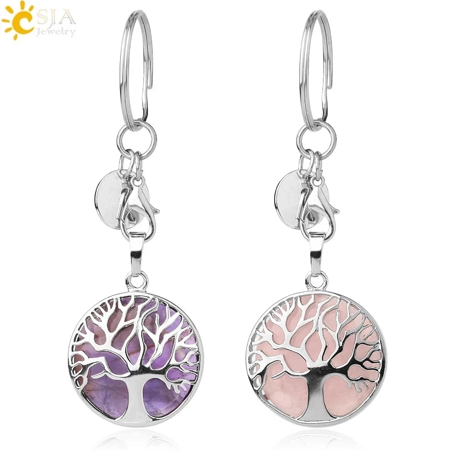 CSJA Luxus Natürlichen Kristall Stein Original Keychain Baum des Lebens Keychain Glücklich Key Ring Auto Decor Weihnachten Frauen Männer G498