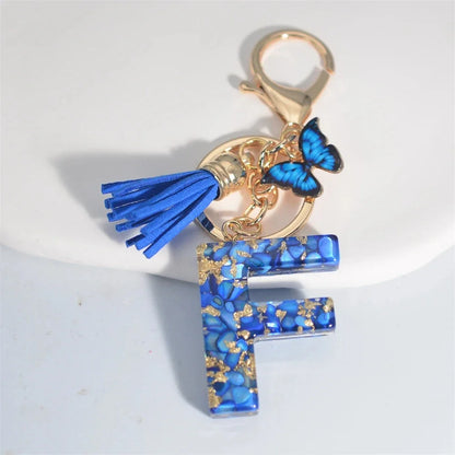Modischer blauer glasierter Stein, A bis Z, Buchstaben-Schlüsselanhänger, 26 Initialen, Alphabet, Schmetterling, Quaste, Anhänger, Auto-Schlüsselanhänger, Damenschmuck, Geschenke